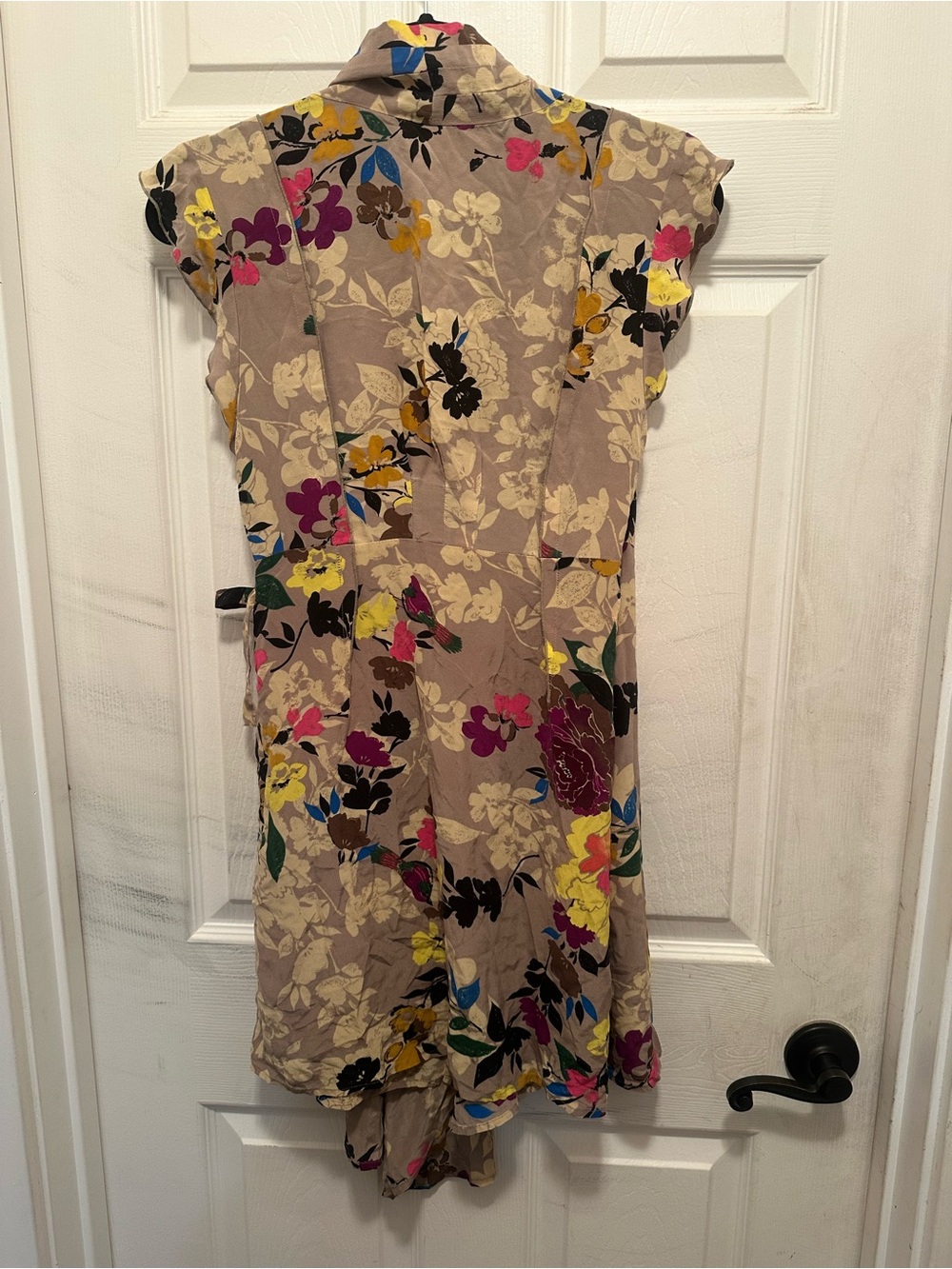 Anthropologie Beige Floral Silk Wrap Dress with Yellow, Pink & Blue Accents - Picture 4 of 6